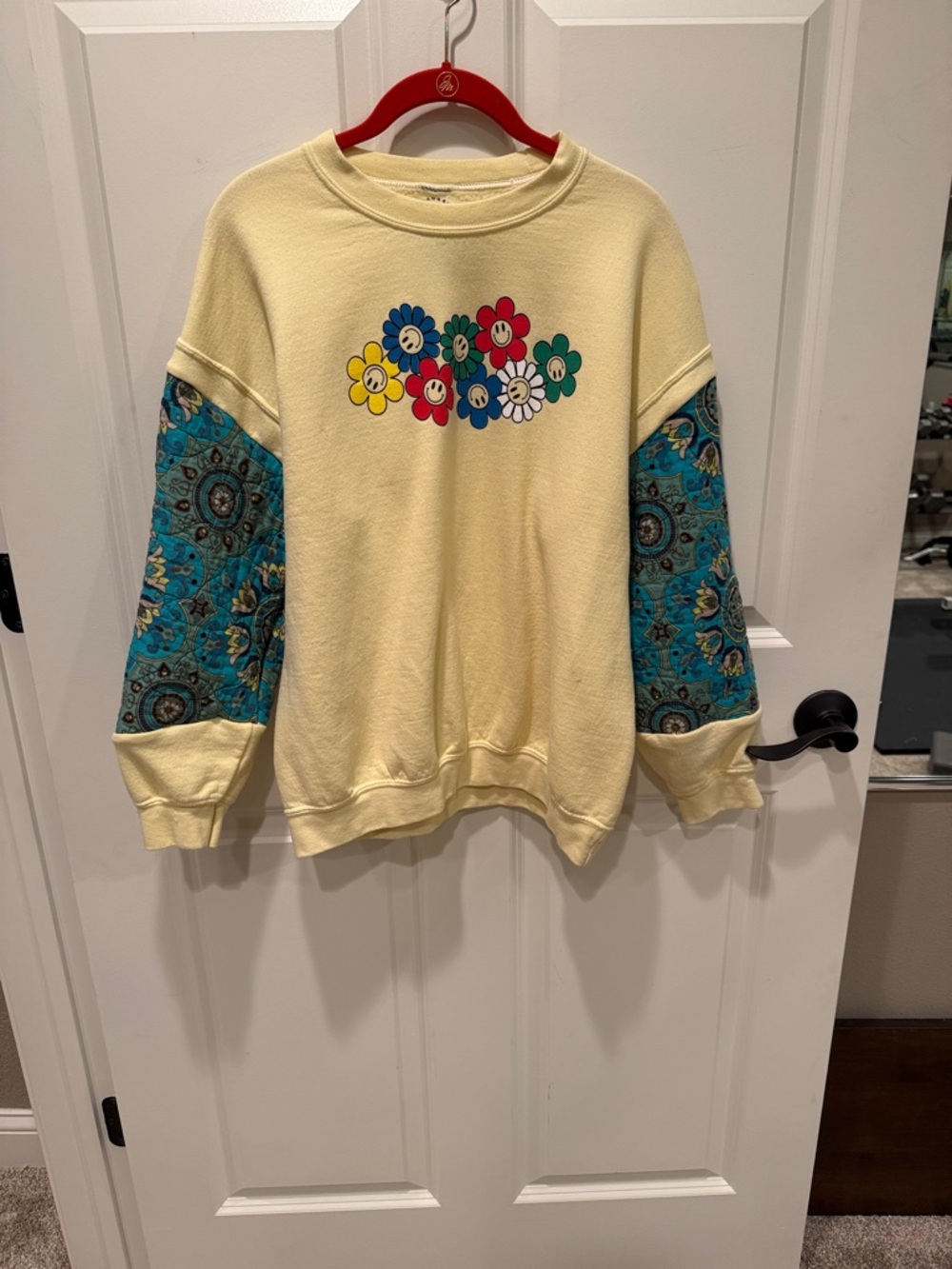 One of a kind upcycled PS/LA brand yellow sweatshirt w floral quilted sleeves